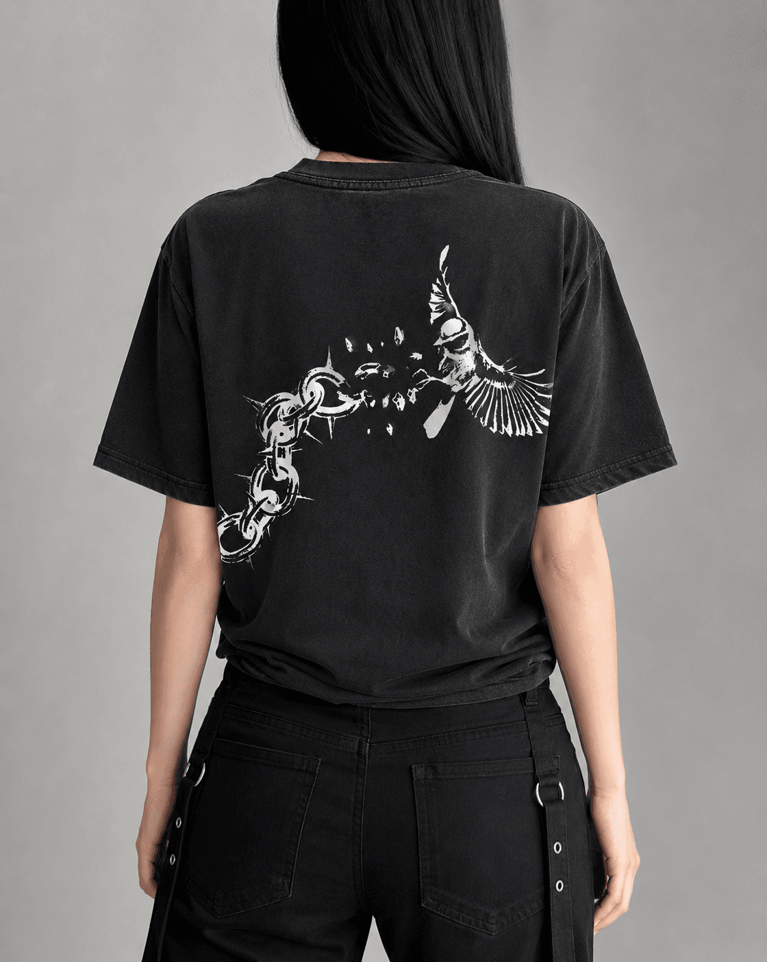 Model wearing the tee, back print visible